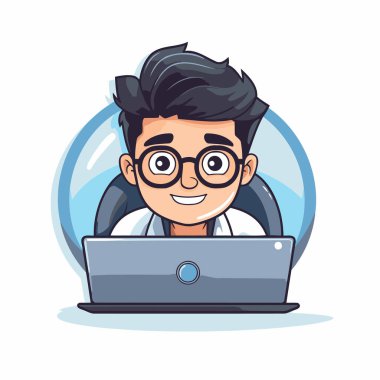 Dizüstü bilgisayar çizgi film ikonu olan bir adam. Sosyal medya ve dijital pazarlama teması. Renkli tasarım. Vektör illüstrasyonu