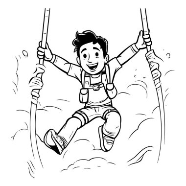Çocuk ipe tırmanıyor. Boyama kitabı için siyah ve beyaz vektör çizimi.