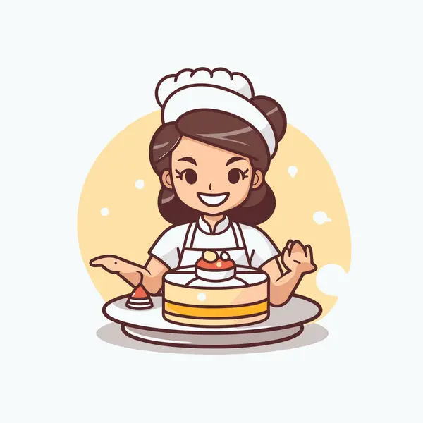 Carina Cuoca Con Torta Illustrazione Vettoriale Stile Cartone Animato — Vettoriale Stock
