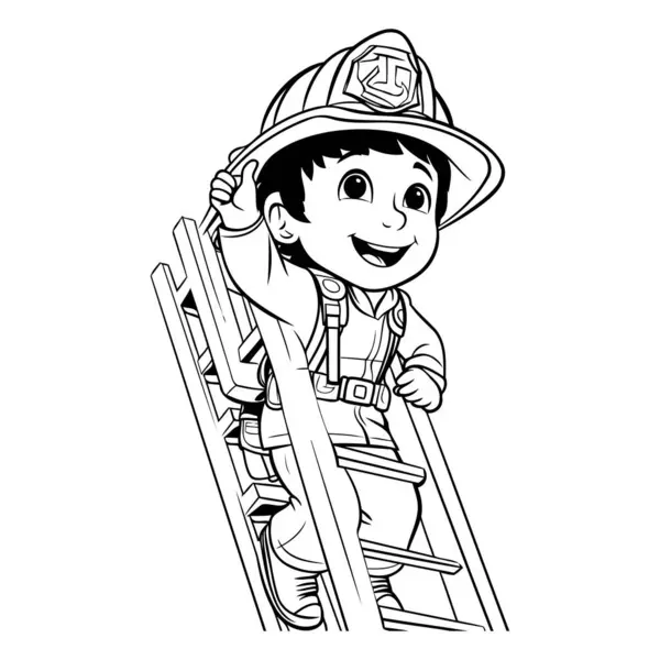 Stock vector Fireman on ladder. Black and white vector illustration isolated on white background.