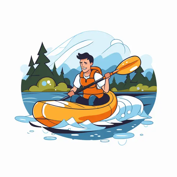 Homme Kayak Sur Rivière Illustration Vectorielle Dans Style Dessin Animé — Image vectorielle