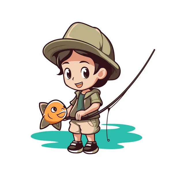 Illustration Little Boy Fishing Rod Fish — Stock Vector