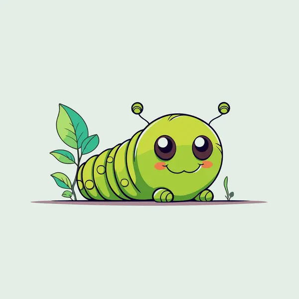 Cute Cartoon Caterpillar Character Green Leaves Vector Illustration — Stock Vector