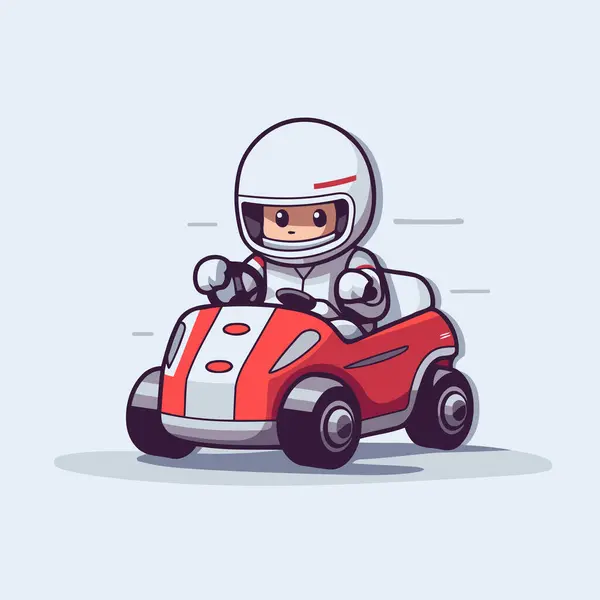 Cute Cartoon Astronaut Driving Race Car Vector Illustration Flat Style — Stock Vector