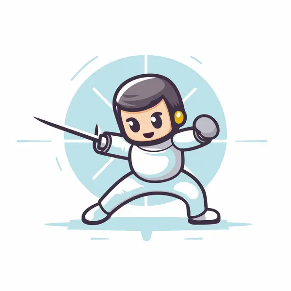 Anggar Olahraga Maskot Vektor Ilustrasi Ahli Kungfu Kartun Dengan Pedang - Stok Vektor