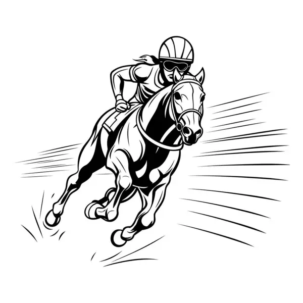 Jockey Riding Horse Black White Vector Illustration White Background — Stock Vector
