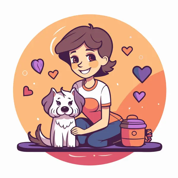 Vector Illustration Girl Dog Cute Cartoon Style — Stock Vector