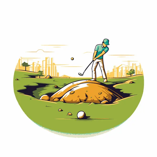 Golfista Golpea Pelota Campo Golf Ilustración Vectorial — Archivo Imágenes Vectoriales