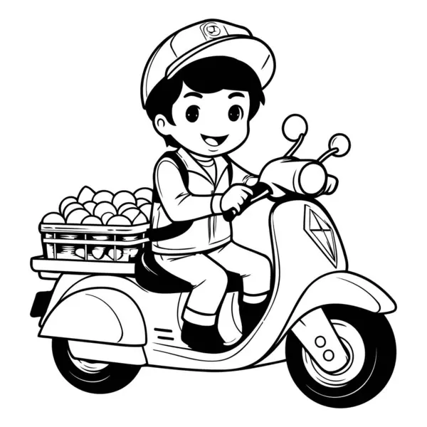 Carino Ragazzo Cavalcando Una Moto Portando Cesto Frutta — Vettoriale Stock