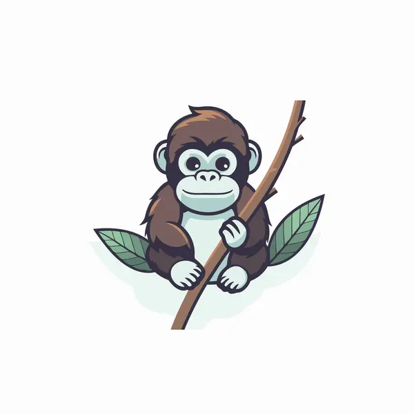 Macaco Segurando Galho Com Folhas Ilustração Vetorial Estilo Cartoon — Vetor de Stock
