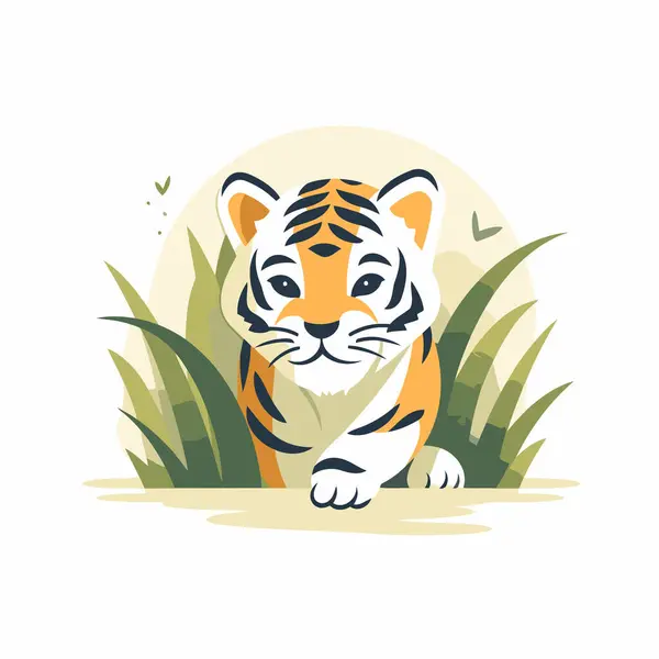 Roztomilý Tygr Sedící Trávě Vektorová Ilustrace Kresleném Stylu — Stockový vektor