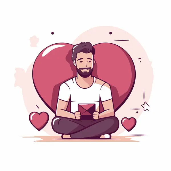Man Sitting Lotus Position Red Heart Vector Illustration — Stock Vector