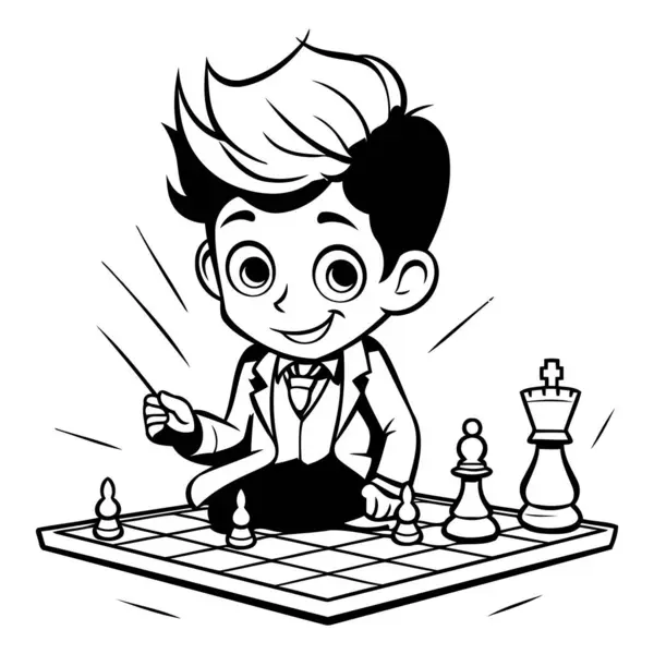 Businessman Playing Chess Black White Vector Illustration Coloring Book — Stock Vector