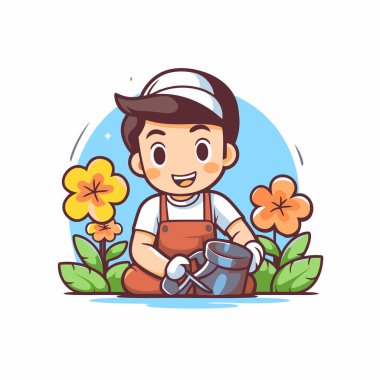 Tatlı çizgi film bahçıvanı. Elinde sulama kutusu ve çiçekleri var. Vektör illüstrasyonu.