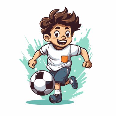 Çizgi filmdeki futbolcu topla koşuyor. Vektör illüstrasyonu beyaz arkaplanda izole edildi.
