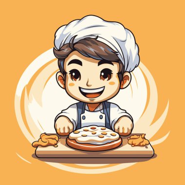 Masasında pizza olan şef üniformalı bir çocuğun vektör çizimi.