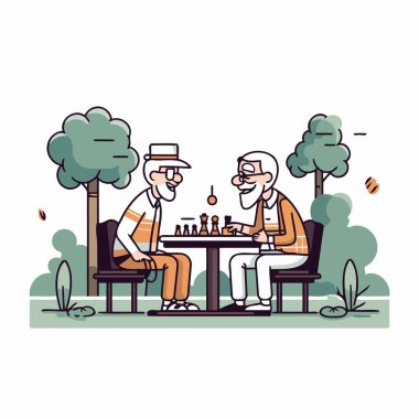 Parkta satranç oynayan yaşlı insanlar. Çizgi film tarzında vektör illüstrasyonu.