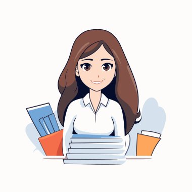 Ofiste çalışan genç bir kadın. Çizgi film tarzında vektör illüstrasyonu.