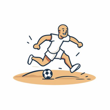 Futbolcu sahada iş başında. Çizgi film tarzında vektör illüstrasyonu.
