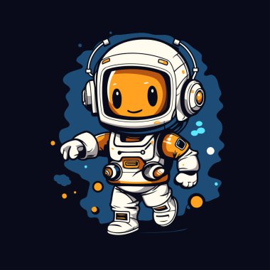 Kulaklığı ve uzay giysisi olan bir astronot. Koyu arkaplanda vektör illüstrasyonu