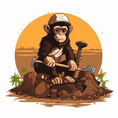 Baltalı ve taşlı bir şempanze. Vektör illüstrasyonu