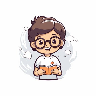 Beyaz arka planda izole edilmiş kitap okuyan sevimli çocuk. Vektör illüstrasyonu.