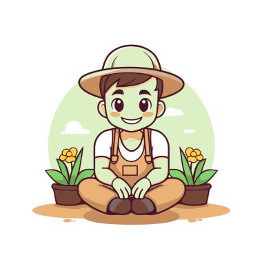 Çiftçi çizgi film karakteri düz stil. Bahçede oturan bir çiftçinin vektör çizimi.