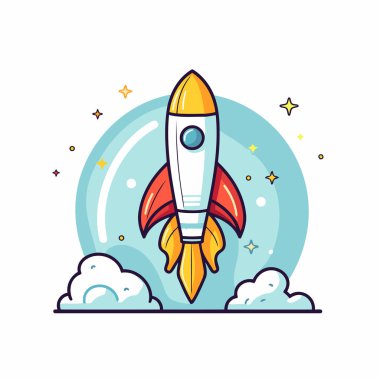 Uzayda roket. Konsepti başlat. Vektör çizimi. Düz tasarım.