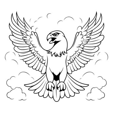 Kartal gökyüzünde uçuyor. Siyah ve beyaz vektör çizimi.