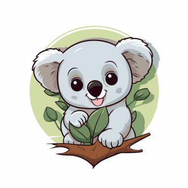 Ağaçta yapraklı şirin bir çizgi film koalası. Vektör illüstrasyonu.