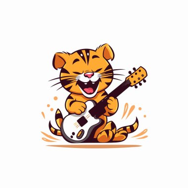 Gitar çalan sevimli kaplan. Vektör çizimi. Beyaz arkaplanda izole.