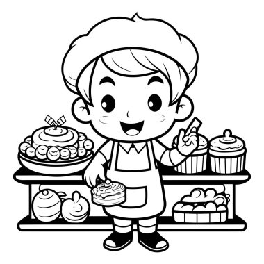 Siyah ve Beyaz Çizgi Film Çizgi Filmi Boyama Kitabı İçin Pastası Olan Sevimli Küçük Aşçı Çocuk
