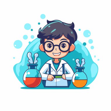 Bilim adamı çocuk, bilim ekipmanlı çizgi film karakteri. Düz biçimli vektör illüstrasyonu