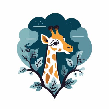 Kalp şeklinde yaprakları olan bir zürafa. Vektör illüstrasyonu.