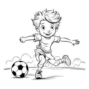 Futbol oynayan sevimli çocuk. Tasarımın için çizim. Vektör illüstrasyonu