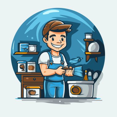 Temizlik servisi çizgi filmi vektör çizimi. Üniformalı adam evi temizliyor..