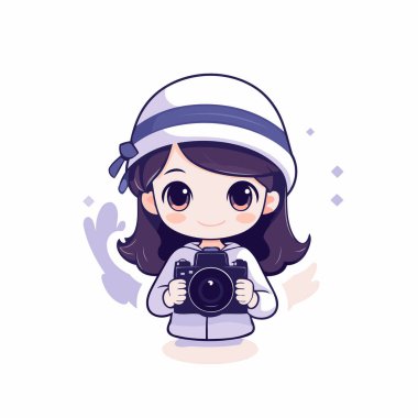 Kışlık giysiler içinde elinde kamera olan şirin bir kız. Vektör illüstrasyonu.