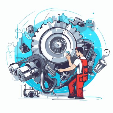 Otomobil tamircisi araba motorunu tamir ediyor. Aletleri olan bir tamirci. Vektör illüstrasyonu