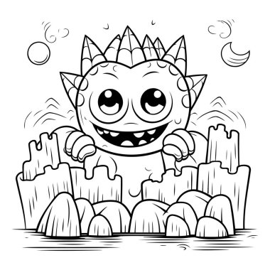 Renklendirme Kitabı için Siyah ve Beyaz Dinozor Karakteri Çizimi