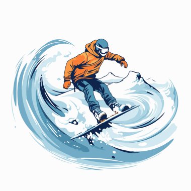 Dalgalara atlayan snowboardcu. Tasarımınız için vektör illüstrasyonu