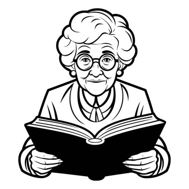 Büyükbabam bir kitap okuyor. Siyah-Beyaz Çizgi Film İllüstrasyonu. Vektör