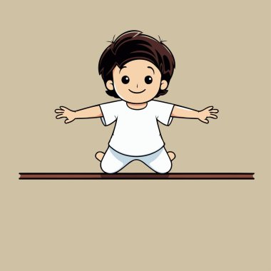 Kahverengi arka planda jimnastik yapan sevimli bir çocuk. vektör illüstrasyonu