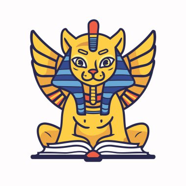 Kitaplı Mısırlı kedi. Çizgi film tarzında vektör illüstrasyonu.