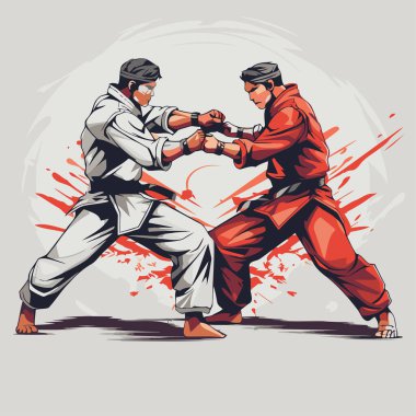 Martial arts training. Two men in sportswear are fighting. Vector illustration. clipart