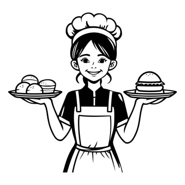 Tabak ve hamburger karikatürü vektör çizimi grafik tasarımlı genç kadın şef.