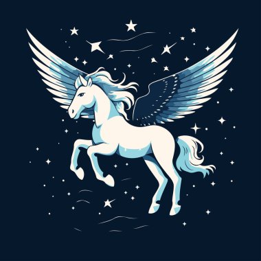 Gece gökyüzünde kanatları ve yıldızları olan beyaz bir at. Vektör illüstrasyonu.