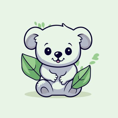 Yeşil yapraklı şirin koala. Çizgi film tarzında vektör illüstrasyonu.