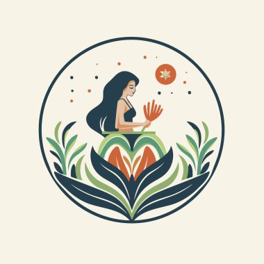 Çemberin içinde bir çiçeğin üzerinde oturan güzel bir kadının vektör çizimi.