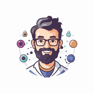 Gözlüklü ve beyaz önlüklü sakallı bir adamın vektör çizimi.