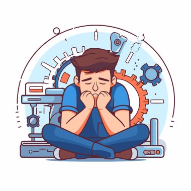 Endüstriyel ekipmanların önünde yerde oturan üzgün adam. Vektör illüstrasyonu.